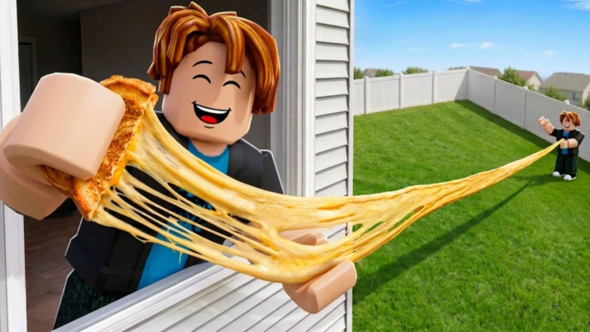 Promotional Stream A Cheese Pull characters pulling cheese across a backyard